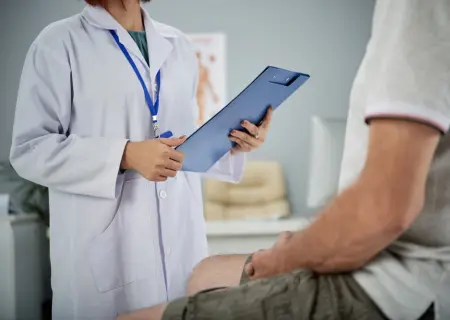 Médico examinando paciente e segurando atestado médico - Imagem de Freepik